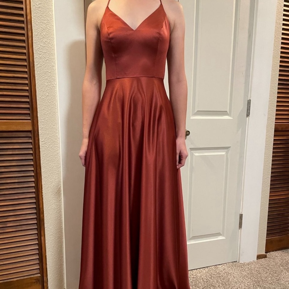 David’s Bridal Cinnamon Spaghetti Strap Satin A-Line Bridesmaid Dress